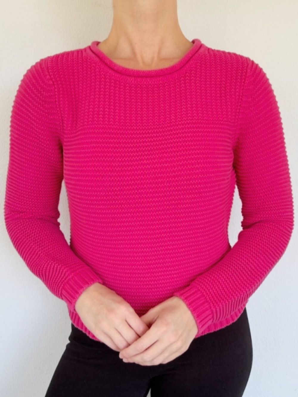 Liz & Co pink textured knit rolled collar long sleeve cotton sweater size large